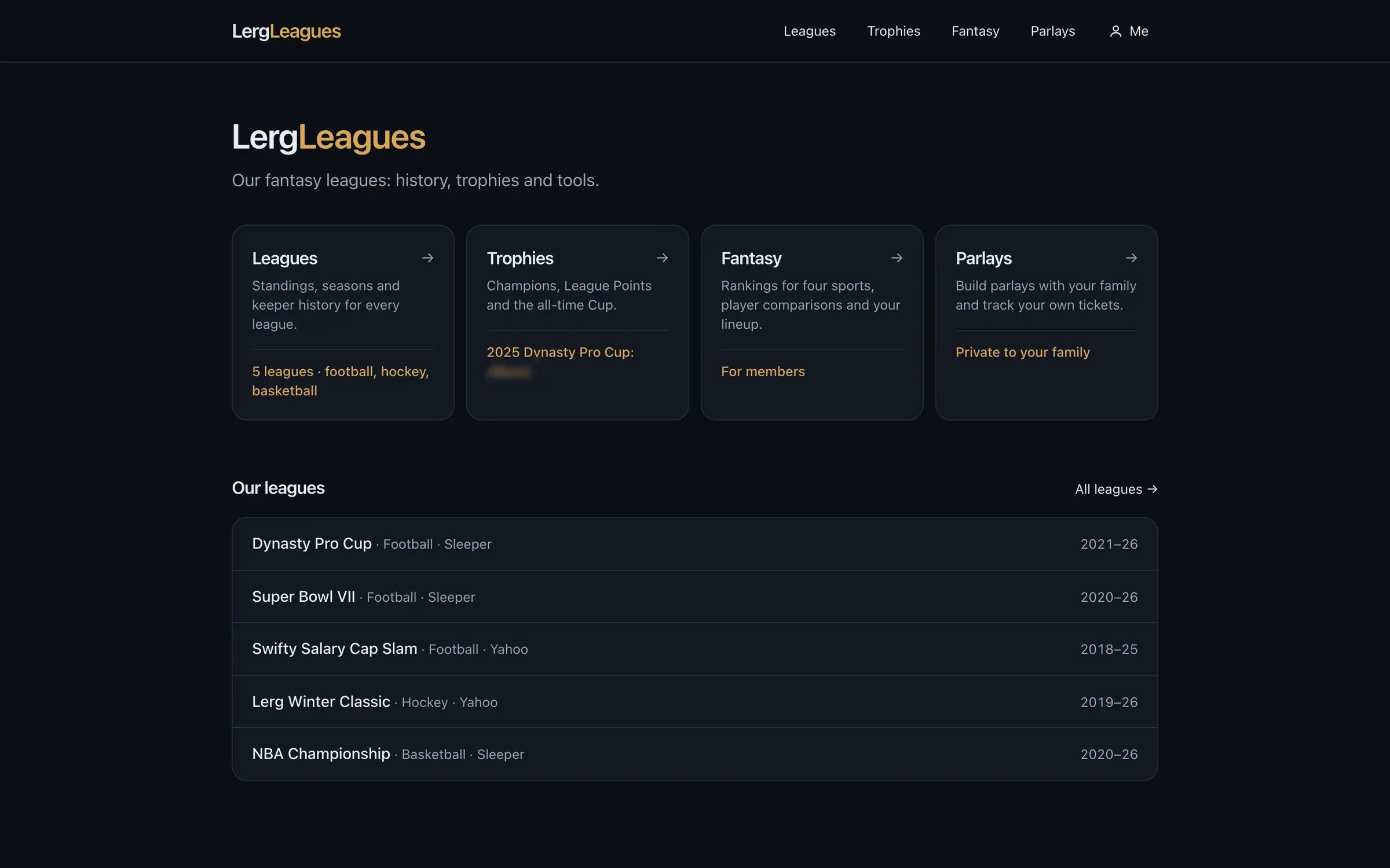 The LergLeagues home page: league, trophy, fantasy and parlay sections above a list of five leagues.