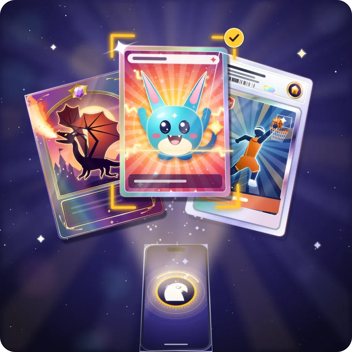 Manahawk artwork: a dragon card, a creature card and a graded basketball card fanned above a phone that scans them.