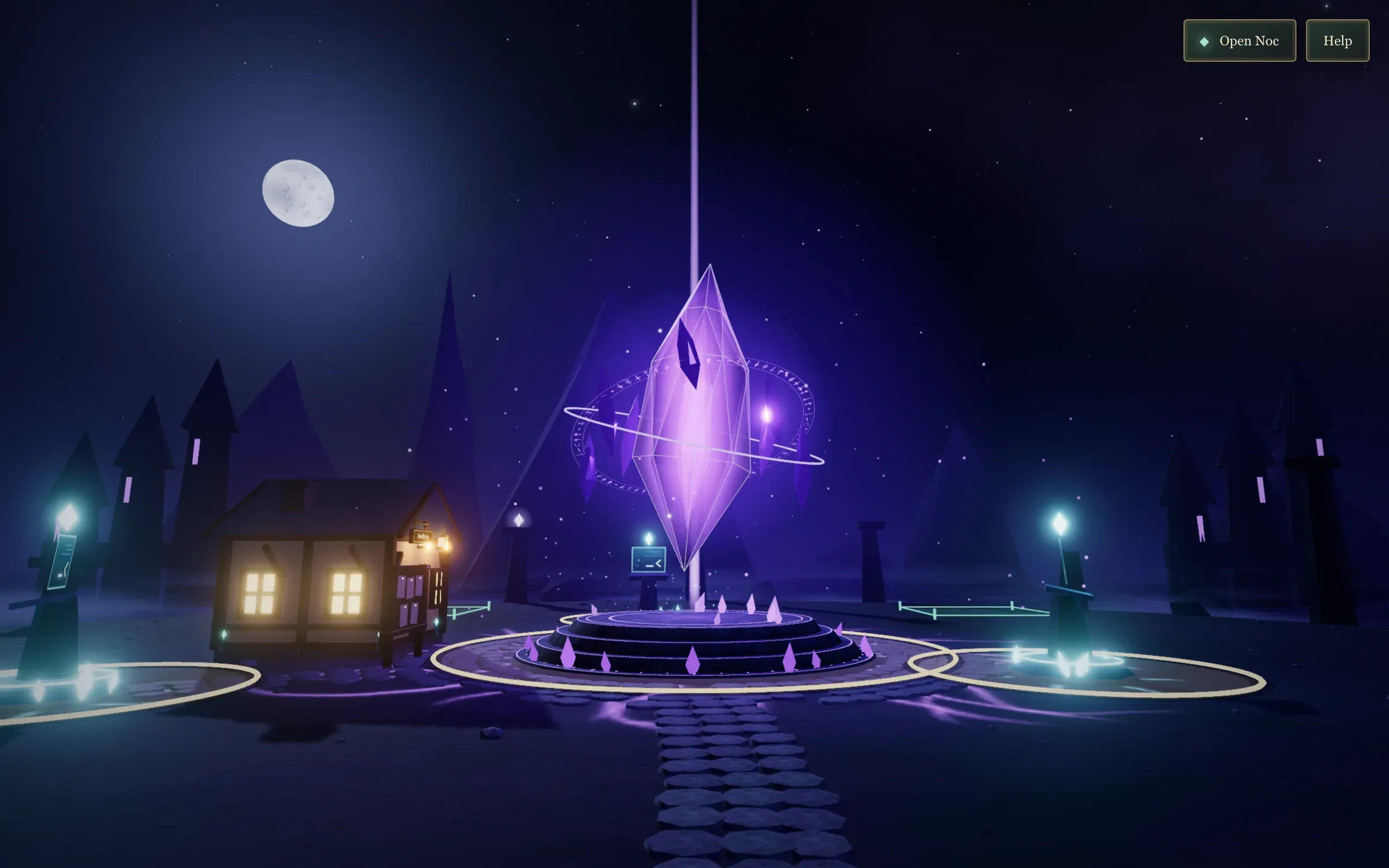 The Noc Pylon world at night: a glowing violet crystal above a stone plaza, a lit inn and terminals under the moon.